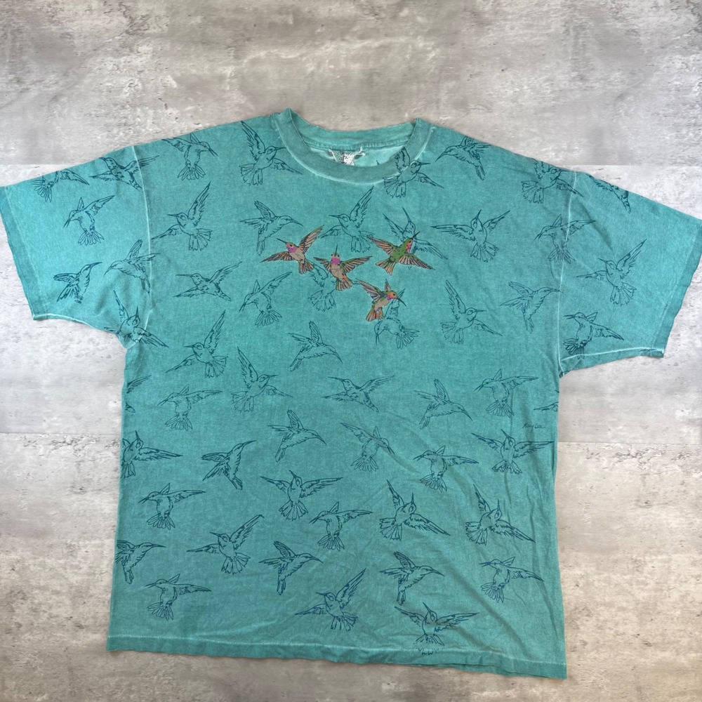 Vintage Cool Clothes Hummingbird All Over Print T-Shirt Teal Green XL 90s Tee